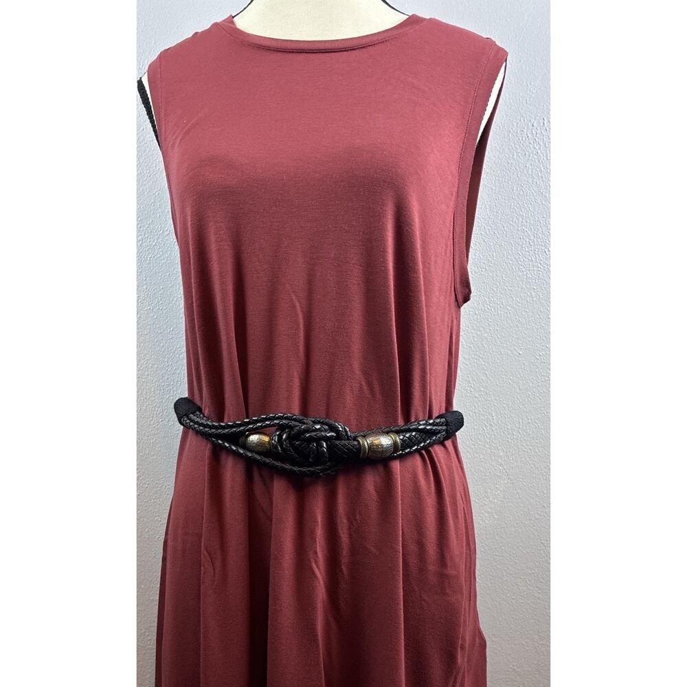 Womens Black Leather Braided Silver Hammered Beads Knot Stretch Back hook Belt